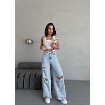 Kadın Baggy Fit Lazerli Yüksek Bel Geniş Paça Kot Pantolon Açık Mavi Mavi+açık