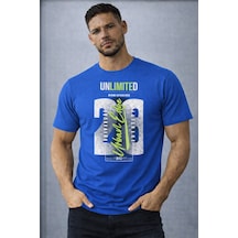Herkesemoda Unlımıted Yazı Detaylı Basic T-shirt Mavi