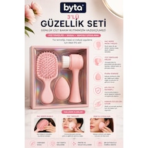 3 Lü Güzellik Ve Bakım Seti Saç Masaj Fırçası, Yüz Temizleme Fırçası Ve Makyaj Süngeri
