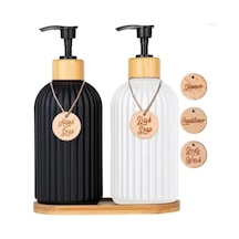 2 Li Hands Dishes Siyah Beyaz Dekoratif Mutfak Banyo Sıvı Cam Sabunluk Seti 500ml Bambu Stantlı Set Beyaz - Siyah