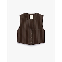 Koton V Yaka Düğmeli Çizgili Crop Blazer Yelek Kahverengi Çizgili 7wak20007pw