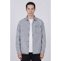 Sabri Özel Erkek Açık Gri Normal Kesim Regular Fit Pamuk Torba Cep Uzun Kollu Denim Ceket Gömlek