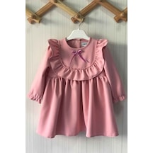 Fırfır Ve Kurdele Detaylı Tasarım Krep Pudra Pembe Kız Çocuk Bebek Elbise 001