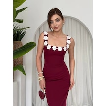 Defymoda Mıng Çiçek Detaylı Elbise Bordo