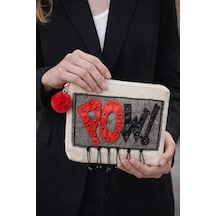 Deri Pow Yazılı Püsküllü Aplikeli Ponponlu Portföy Clutch El Ve Makyaj Çantası 25x28 Cm Renkli