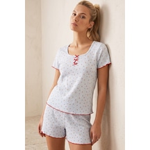 Siyah İnci Fiyonklu Pointelli Örme Şortlu Pijama Takımı 26120260 mavi