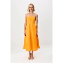 Benerly Kadın Straplez Poplin Maxi Elbise %100 Pamuk A-line Kesim Kolsuz Turuncu