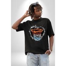 Basketbol Potası Bulutlu Siyah Pamuklu Bisiklet Yaka Unisex Oversize Boyfriend Dijital Baskılı Siyah T-shirt Siyah