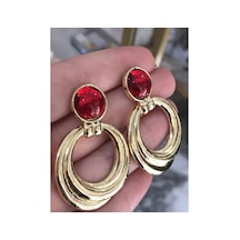 Vintage Kırmızı Taş Model Küpe Altın