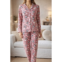 Rukod Pembe Ayıcıklı Gömlek Yaka Kadın Ev Pijama Takımı Süet Kumaş, Likralı Pijama Takım Pembe