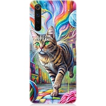 Realme 6 Pro Uyumlu Renkli Yumaklar Ve Kedi Desenli Silikon Kılıf