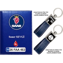 Plakanıza Özel Saab Logolu Lacivert Ruhsat Kabı Ve Anahtarlık