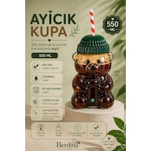 Ayıcık Tasarım Cam Pipetli Soğuk İçecek Kahve Bardağı Yeşil Şapkalı Bear Bardak 550ml Barista Şefaf