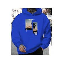 Herkesemoda The World Baskı Detaylı Kapüşonlu Sweatshırt Mavi Mavi