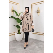 Hira Life Fashion Kadın Tesettür Giyim Ve Spor Giyime Uygun Düğme Detaylı Şık Desenli Dokuma Viskon Gömlek-tunik Bej Bej