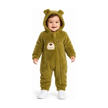 Tatlı Ayıcık Nakışlı Welsoft Peluş Kapüşonlu Fermuarlı Kışlık Unisex Bebek Tulumu Haki
