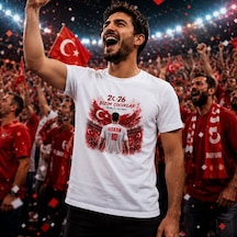Bk Gift Kişiye Özel Türkiye Taraftar Temalı 2026 Dünya Kupası Tasarımlı Tişört-2, Tek Yürek Milli Takım Ruhu Beyaz