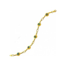 Bilezikhane Beşli Turkuaz Göz Boncuk 14 Ayar Altın Bileklik Sarı Altın