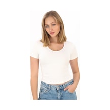 V Yaka Slim Fit Crop Tişört-ekru Ekru