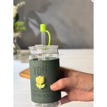 Minnoş 350ml Cam Pipetli Bardak Kapaklı Süet Kılıflı Soğuk Kahve Smoothie Sunum Bardağı B