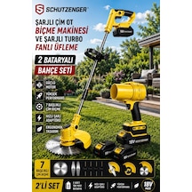 Schutzenger 543RN 2 Akülü Şarjlı Turbo Fan Üfleme Makinesi Ve Şarjlı Ot Çim Biçme Makinesi 7 Başlıklı Tırpan Set Sarı