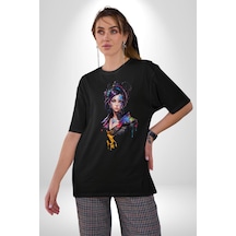 Süper Robot Kız Sulu Boya Pamuklu Bisiklet Yaka Unisex Oversize Boyfriend Dijital Baskılı Siyah T-shirt Siyah