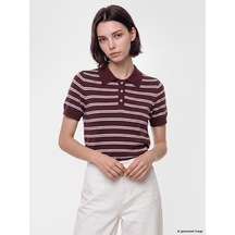 Lcw Modest Bordo Polo Yaka Çizgili Kadın Triko Kazak