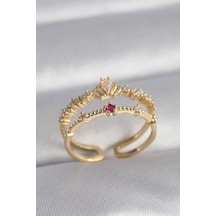 Pirinç Gold Renk Zirkon Taşlı Taç Model Kadın Yüzük Çok Renkli