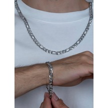 Saat Farkı Silver Figaro Model Çelik Unisex Kolye Ve Bileklik Set 2,5mm Silver