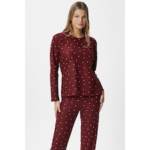 Ritnice Kadın Ely Premium Bisiklet Yaka Bordo Kalp Süet Doku Yılbaşı Pijama Takımı Bordo