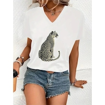 Tarzsokak Kadın V Yaka Beyaz Siyah T-shirt Baskılı Oversize Beyaz