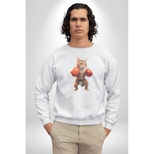 Boks Yapan Kedi Unisex Beyaz Baskılı Sweatshirt Beyaz