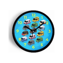 Renkli Minibüs Çizimli Modern Çocuk Odası Duvar Saati - 30cm - Önü Camlı Siyah Kasa-jh0786 Siyah