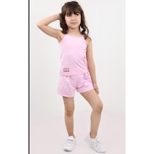 Toontoy Kids Toontoy Kız Bebek 2'li Takım Baskılı Kare Yaka T-shirt & Beli Lastikli Şort - Garni Detaylı Açık Pembe