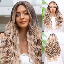 Kumral Platin Ombre Bebek Saçlı Fiber Sentetik Yoğun Dalgalı Tül Peruk - Zmff-582496 Çok Renkli