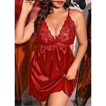 Lily Bianca Nightwear Göğüs Kısmı Dantelli Saten Gecelik Kırmızı