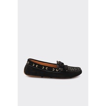 Derinet Hakiki Deri Püsküllü Kadın Loafer Siyah Süet Siyah Süet