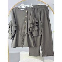 Lovie Moda Gold Düğmeli Kolu Fırfırlı Pantolonlu İkili Takım Haki