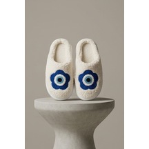 Unisex Hafif Ve Yumuşak Peluş Kaymaz Taban Anne Çocuk Misafir Nazar Boncuğu Desenli Ev Terliği 5808 Mavi