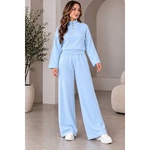 Aymiraa Kadın Triko İkili Takım Fermuarlı Sweatshirt Geniş Paça Pantolon Salaş Oversize Rahat Günlük Takım Mavi Mavi