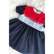 Bahriye Yaka Kırmızı Ponponlu Tasarım Kız Çocuk Bebek Mavi Elbise 001