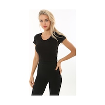 Rooted-kadın Basic Crop V Yaka Kaşkorse T-shirt SIYAH