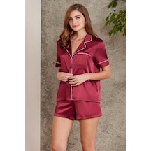 Pierre Cardin 1205 Kadın Saten Önden Düğmeli Şortlu Pijama Takım-bordo Bordo