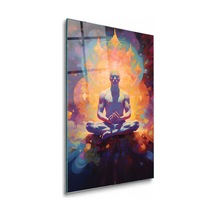 Renkli Aurada Lotus Meditasyonu Çerçevesiz Cam Tablo