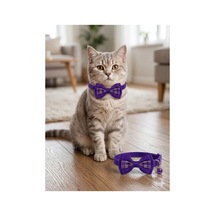 Purple Mor Ekose Desenli Çanlı Kedi Papyonu / Ayarlanabilir