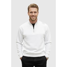 Rizzup Erkek Beyaz Relax Fit İçi Polarlı %100 Pamuk Yarım Fermuarlı Dik Yaka Sweatshirt 2600760