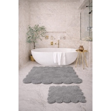 Buççin Online Mağaza Dekoratif Kaymaz Taban Papatya Kesimli Banyo Paspası, Klozet Takımı, 60x100-50x60 Cm Polyester Gri Çok Renkli