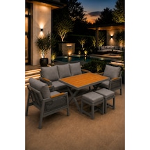 Garden Balkon Takımı, Gri Bahçe Takımı 5+1 Masa 70x110 3lü Koltuk 70x180 Tekli Koltuk 70x70 2 Adet Puf