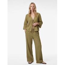 Koton Keten Karışımlı Uzun Geniş Kollu Önden Bağlamalı Fiyonk Detaylı Kısa Kimono Bluz Haki 6sak60133ew Haki
