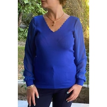 Mia Butik Büyük Beden Saks Mavi Merdiven Yaka Triko Bluz -1259 Saks Mavi